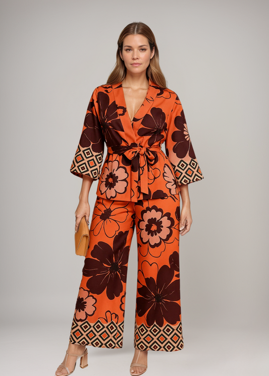 Brianna™ | Blumen-Kimono & Weitbein-Hosen-Set