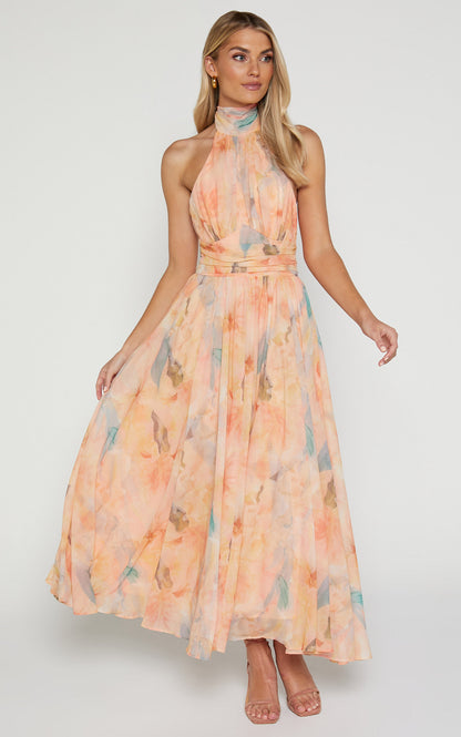 Joli™ | Maxikleid mit Neckholder und Aquarellmuster