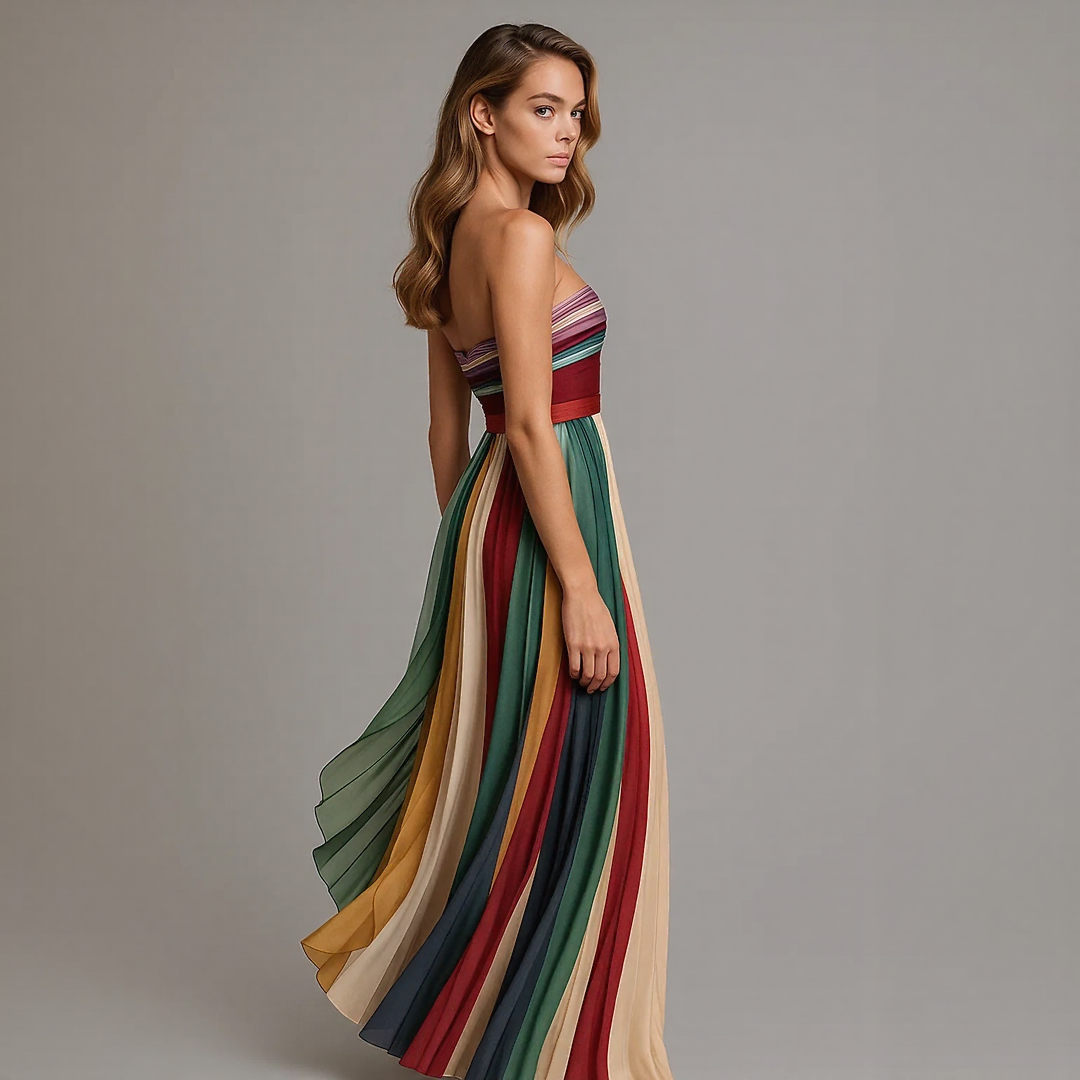 Alana™ | Trägerloses Maxikleid mit Regenbogenfalten