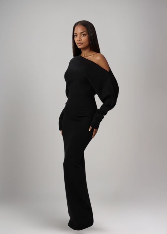 Rosalie™ | Schulterfreies Strick-Maxikleid